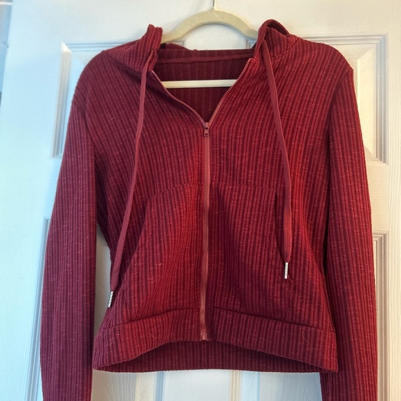 Tops - Red Ribbed Zip-Up Hoodie